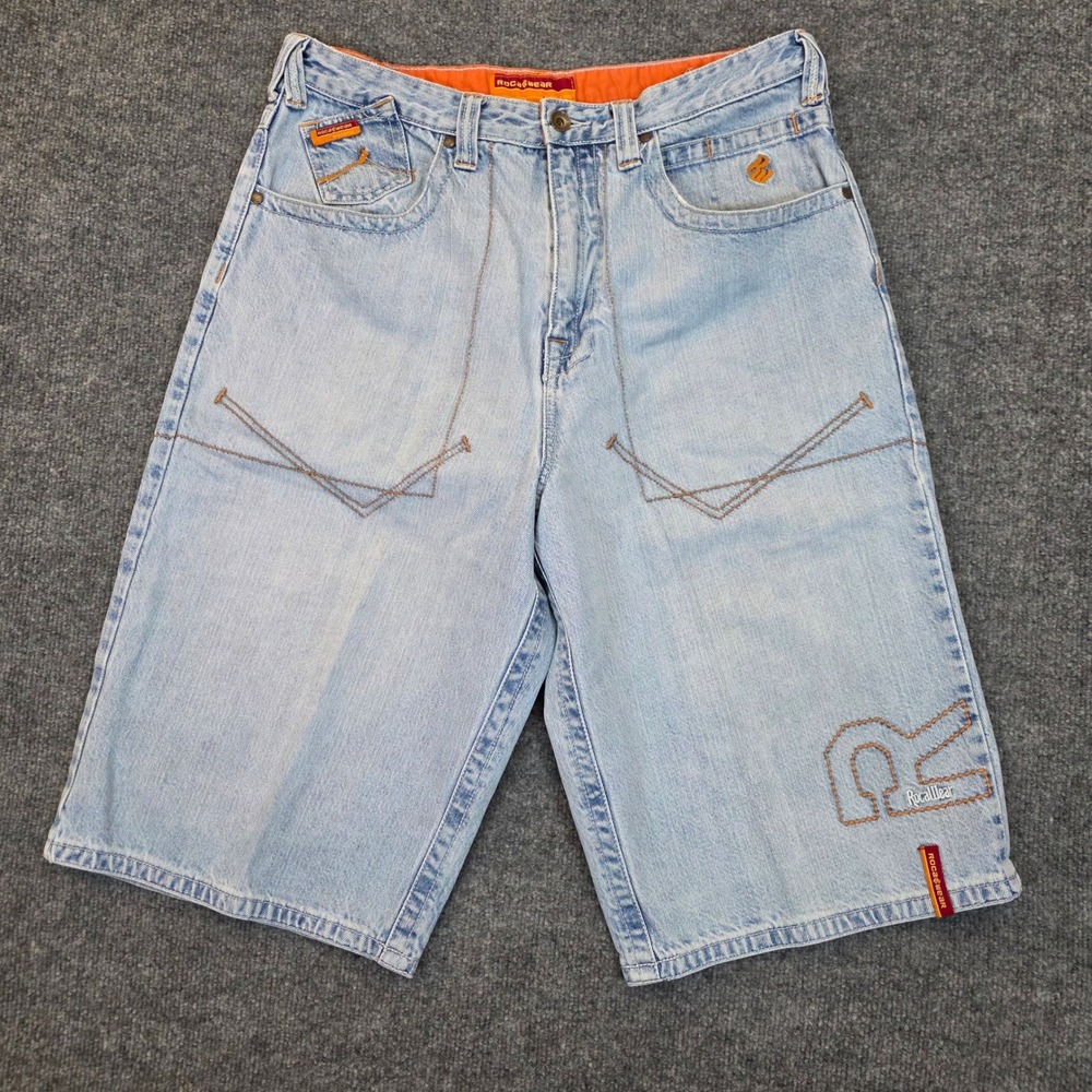 VTG Rocawear Denim Shorts Mens 34X14 Blue Denim Baggy  Embroidered Y2K Hip Hop